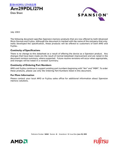 Spansion Am29PDL127H 128 Mbit Flash Memory Datasheet - cover page