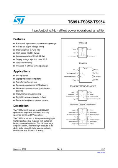 STMicroelectronics TS951/TS952/TS954 Operational Amplifier Datasheet
