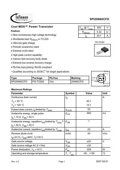 Infineon SPI20N60CFD Cool MOS Power Transistor Datasheet - cover page