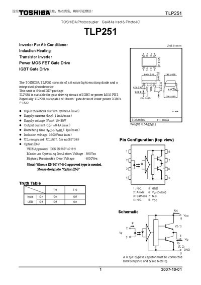Toshiba TLP251 Photocoupler Datasheet - cover page