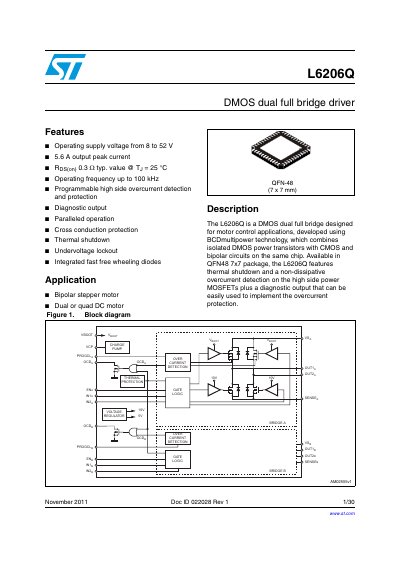 STMicroelectronics L6206Q DMOS Dual Full Bridge Driver Datasheet