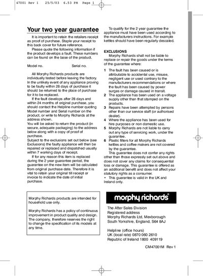 Morphy Richards Cafe Rico 10 Cup Filter Coffee Maker User Manual - cover page
