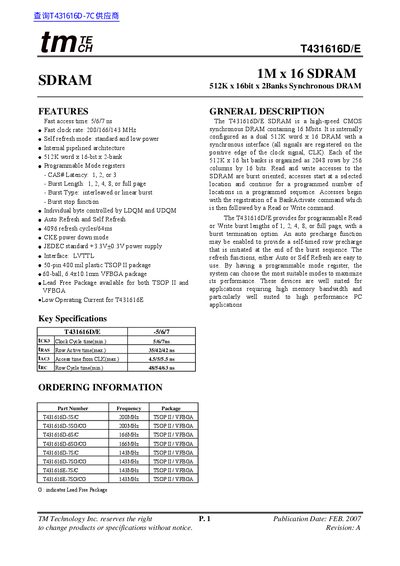 TM Technology T431616D/E Datasheet - cover page