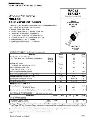 Motorola MAC12 Series Silicon Bidirectional Thyristors Datasheet