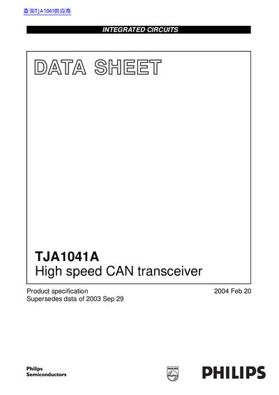 Philips TJA1041A High Speed CAN Transceiver Datasheet - cover page