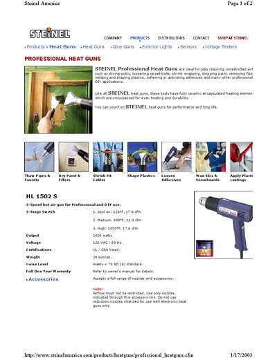 STEINEL HL 1502 S Professional Heat Gun Product Leaflet - cover page
