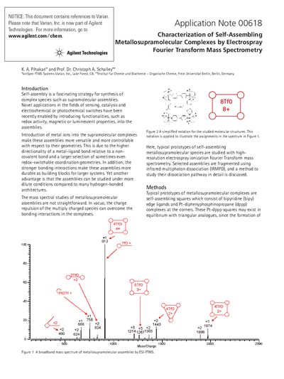 Agilent IonSpec OFT-9 Application Note 00618 Characterization of Self-Assembling Metallosupramolecular Complexes by Elec - cover page