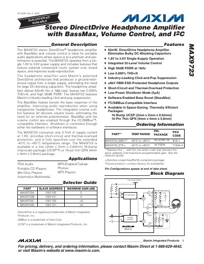 Maxim MAX9723 Stereo DirectDrive Headphone Amplifier Datasheet - cover page
