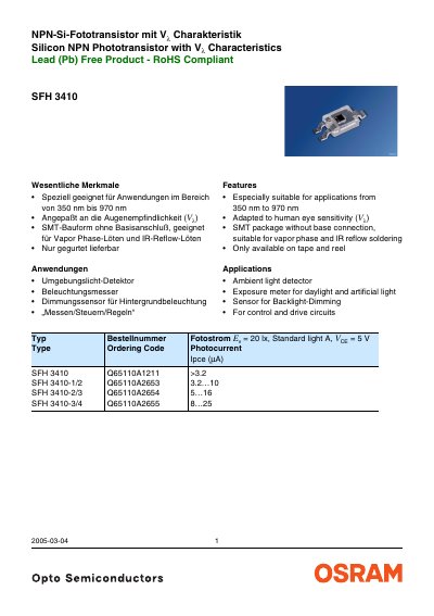 OSRAM SFH 3410 Silicon NPN Phototransistor Datasheet - cover page