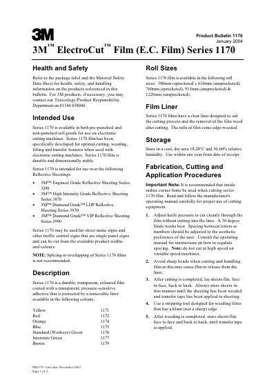 3M ElectroCut Film Series 1170 Product Bulletin - cover page