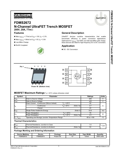 Fairchild FDMS2672 N-Channel UltraFET Trench MOSFET Datasheet - cover page
