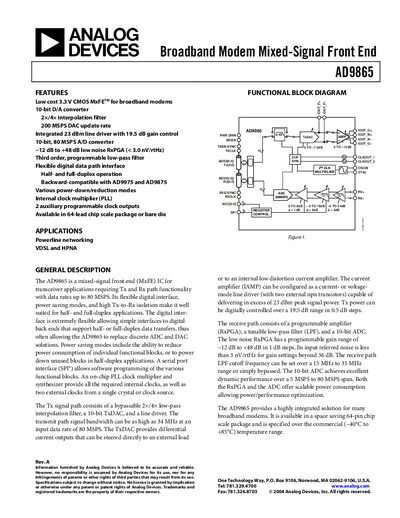 Analog Devices AD9865 Mixed‑Signal Front‑End Datasheet