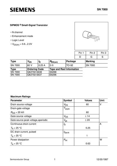 Siemens SN 7000 SIPMOS Small-Signal Transistor Datasheet - cover page