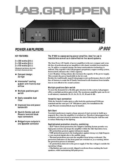 Lab.gruppen iP 900 Power Amplifier Technical Data Manual