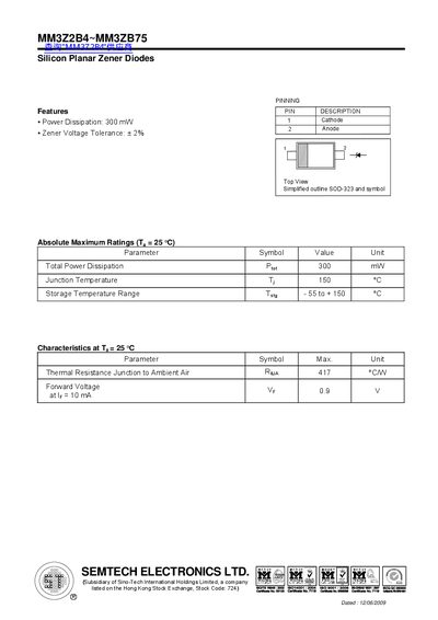 Semtech MM3Z2B4~MM3ZB75 Silicon Planar Zener Diodes Datasheet - cover page