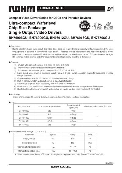 ROHM BH76906GU/BH76909GU/BH76912GU/BH76916GU/BH76706GU Technical Note - cover page