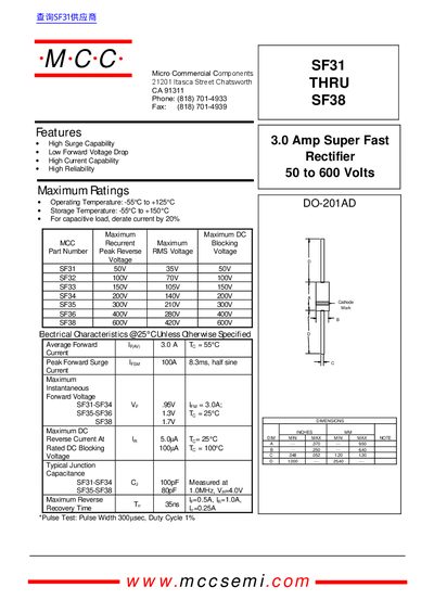 MCC SF31–SF38 Rectifier Diode Datasheet - cover page