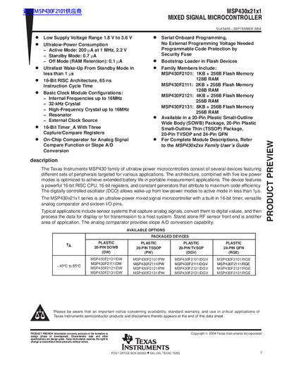 TEXAS INSTRUMENTS MPS430X21X1 Data Sheet - cover page