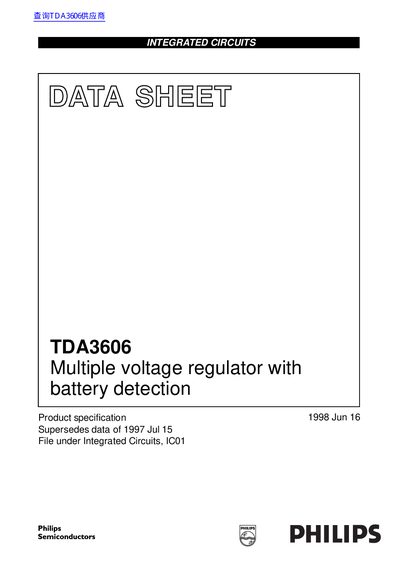 Philips TDA3606 Multiple Voltage Regulator with Battery Detection Datasheet - cover page