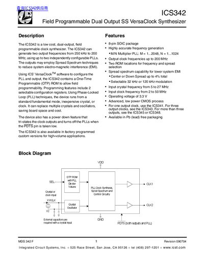 ICS 342 Field Programmable Dual Output SS VersaClock Synthesizer Datasheet - cover page