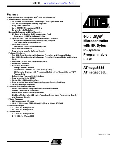 Atmel ATmega8535/ATmega8535L 8-bit Microcontroller Datasheet - cover page