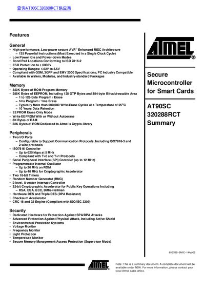 Atmel AT90SC320288RCT Secure Microcontroller Summary Handbook - cover page
