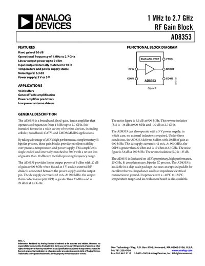 Analog Devices AD8353 RF Gain Block Datasheet - cover page