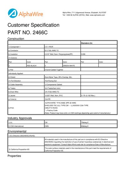 Alpha Wire 2466C Customer Specification - cover page