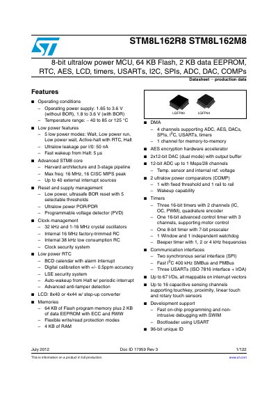 STM8L162R8 STM8L162M8 8-bit MCU Datasheet