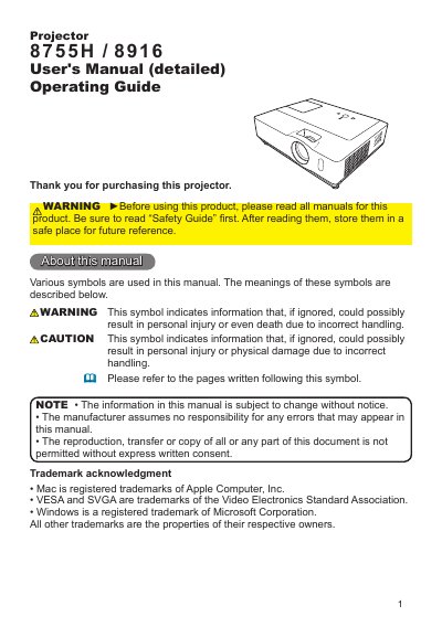 Dukane 8755H/8916 Projector User's Manual