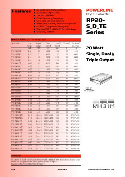 Recom RP20-S_D_TE 20 Watt Single, Dual & Triple Output DC/DC Converter Datasheet - cover page
