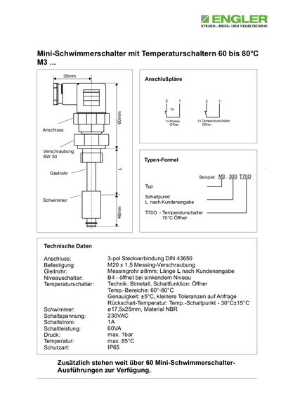 Engler M3 Mini Float Switch with Temperature Switch Datasheet - cover page