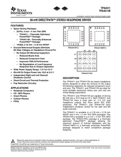 Texas Instruments TPA4411/T​PA4411M 80‑mW DirectPath Stereo Headphone Driver Datasheet - cover page