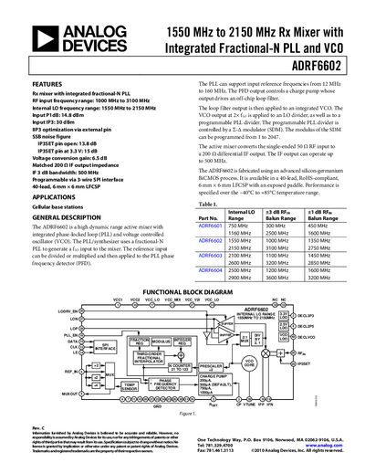 Analog Devices ADRF6602 Mixer with Integrated PLL Datasheet - cover page