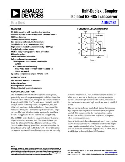 Analog Devices ADM2481 Isolated RS-485 Transceiver Datasheet - cover page