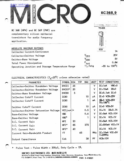 Micro BC368,9 Transistor Datasheet - cover page