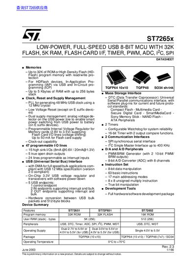 STMicroelectronics ST7265x Low-Power Full-Speed USB 8-Bit MCU Datasheet - cover page