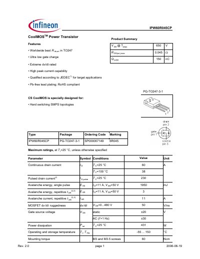 Infineon IPW60R045CP CoolMOS Power Transistor Datasheet - cover page