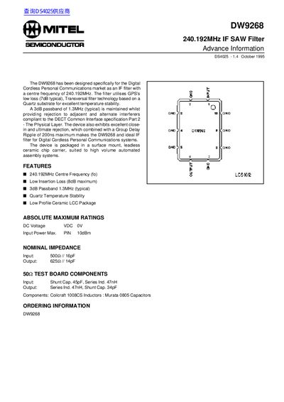 Mitel DW9268 IF SAW Filter Datasheet - cover page