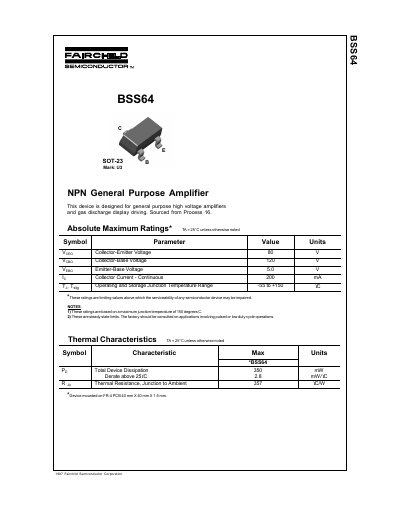 Fairchild Semiconductor BSS64 NPN General Purpose Amplifier Datasheet - cover page