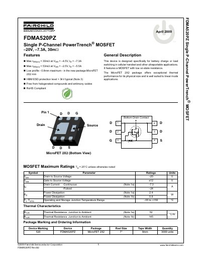 Fairchild FDMA520PZ Single P-Channel MOSFET Datasheet - cover page