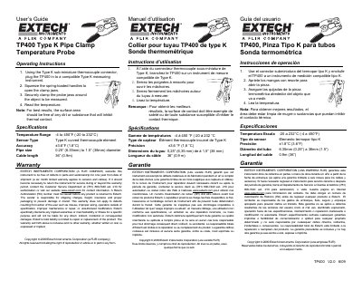 Extech TP400 V2.0 Type K Pipe Clamp Temperature Probe User Guide
