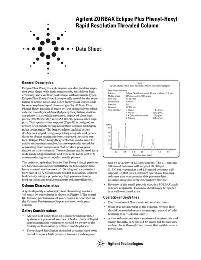 Agilent ZORBAX Eclipse Plus Phenyl-Hexyl Rapid Resolution Threaded Column Datasheet - cover page