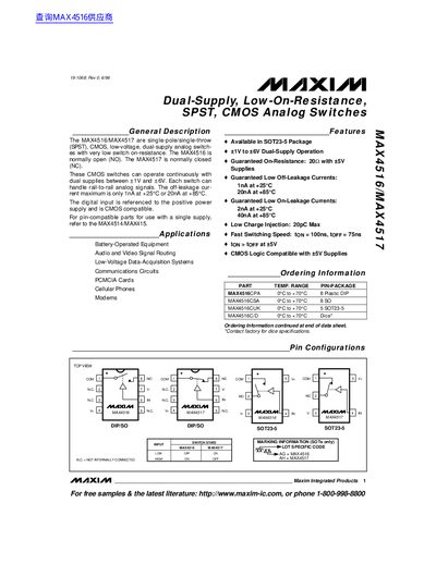 Maxim Integrated Products MAX4516/MAX4517 Dual-Supply CMOS Analog Switches Datasheet - cover page