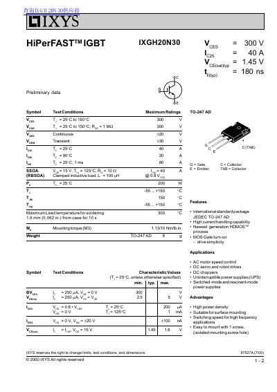IXYS IXGH20N30 IGBT Module Datasheet - cover page