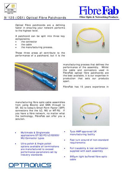 Optronics 9/125 (OS1) Optical Fibre Patchcords Product Leaflet - cover page