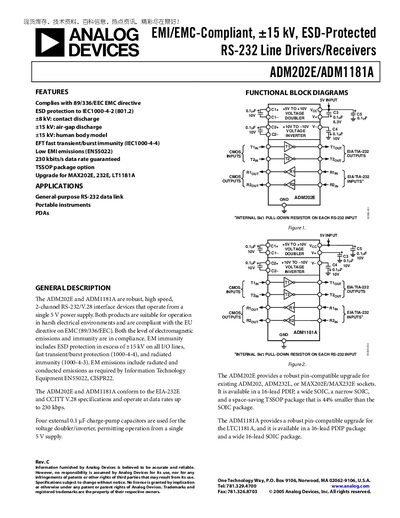 Analog Devices ADM202E/ADM1181A RS-232 Line Driver/Receiver Datasheet - cover page