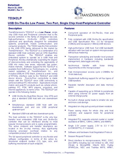 TransDimension TD242LP USB On-The-Go Low Power Two-Port Single Chip Host/Peripheral Controller Datasheet - cover page
