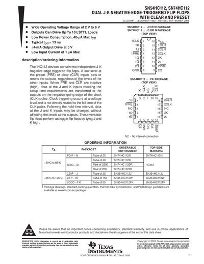 Texas Instruments SN74HC112 Flip-Flop Datasheet - cover page