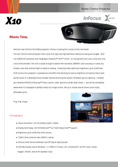 InFocus X10 Home Cinema Projector Product Highlights and Specifications - cover page